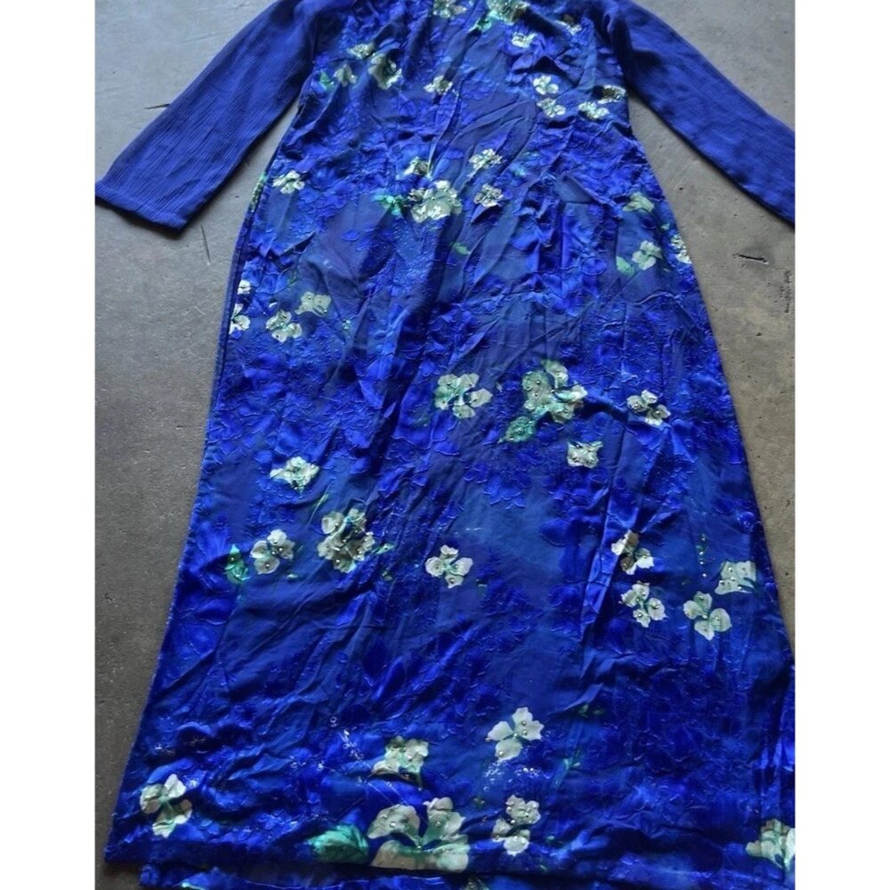 Vintage Cheongsam Long Blue Floral Stone Dress Women’s Sz S Blue Flower Pattern